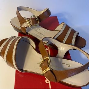 Salvatore Ferragamo Brown Leather with Beige Twill Trim Sandals Size 8 medium